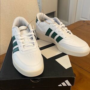adidas White Sneakers with Green Stripes